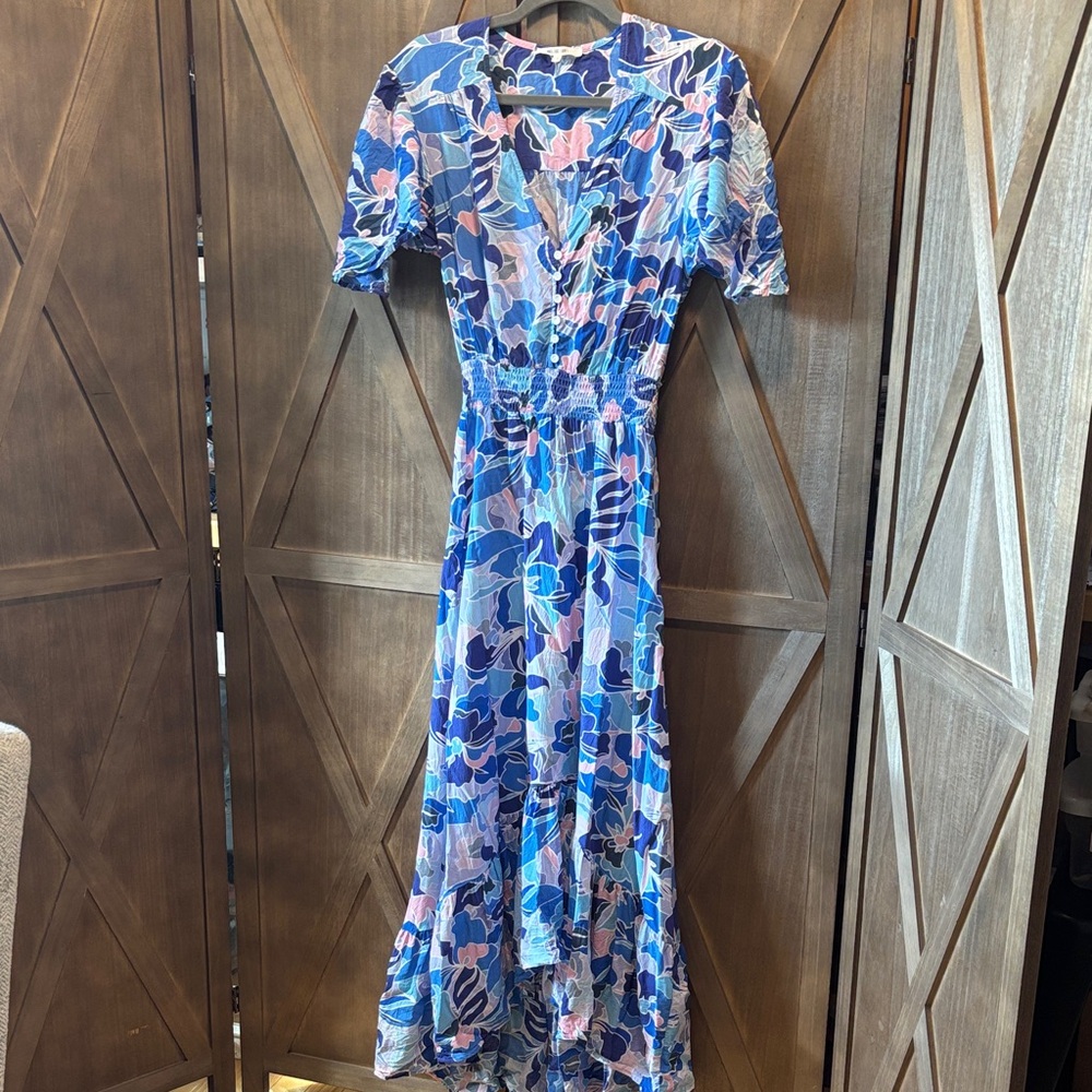 Tropical Floral Blue and Pink Dress Vacation Maxi Dress size Small